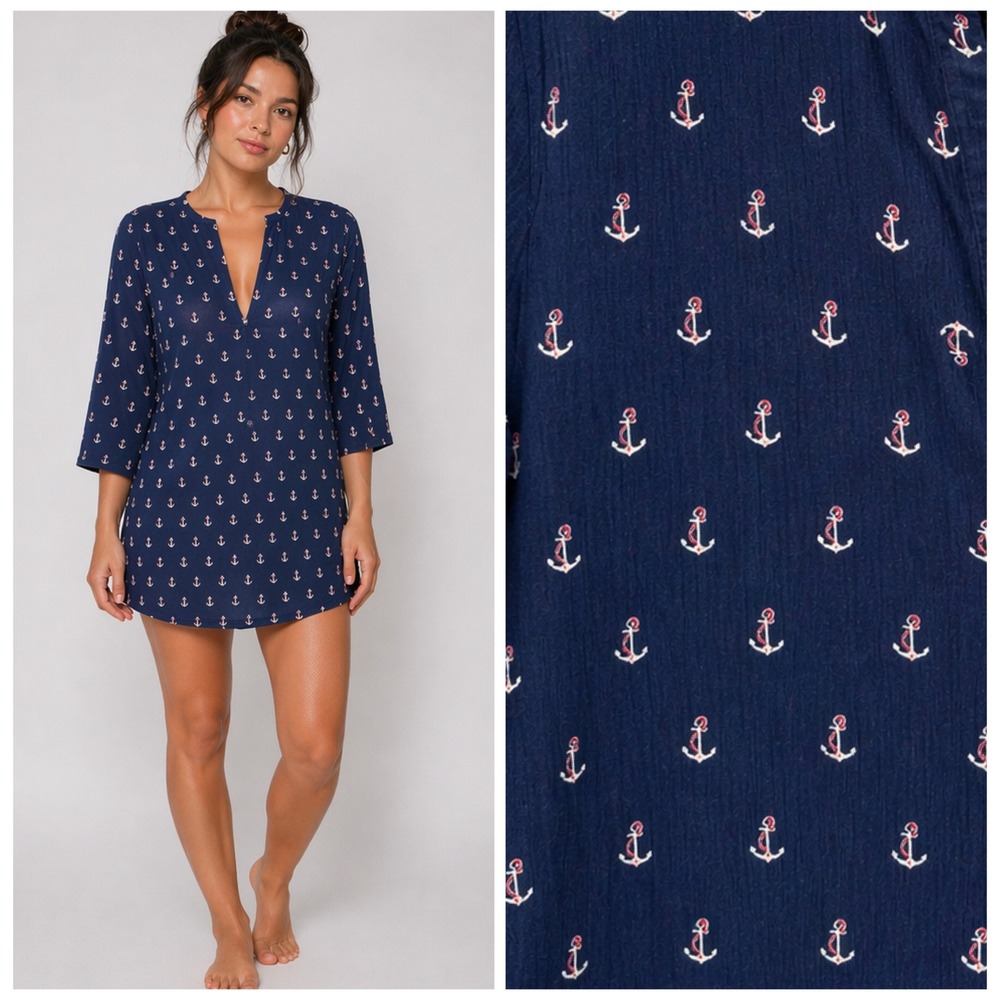 J.Crew Tunic Coverup Womens XS Navy Anchor Print Gauze Nautical Coastal Summer